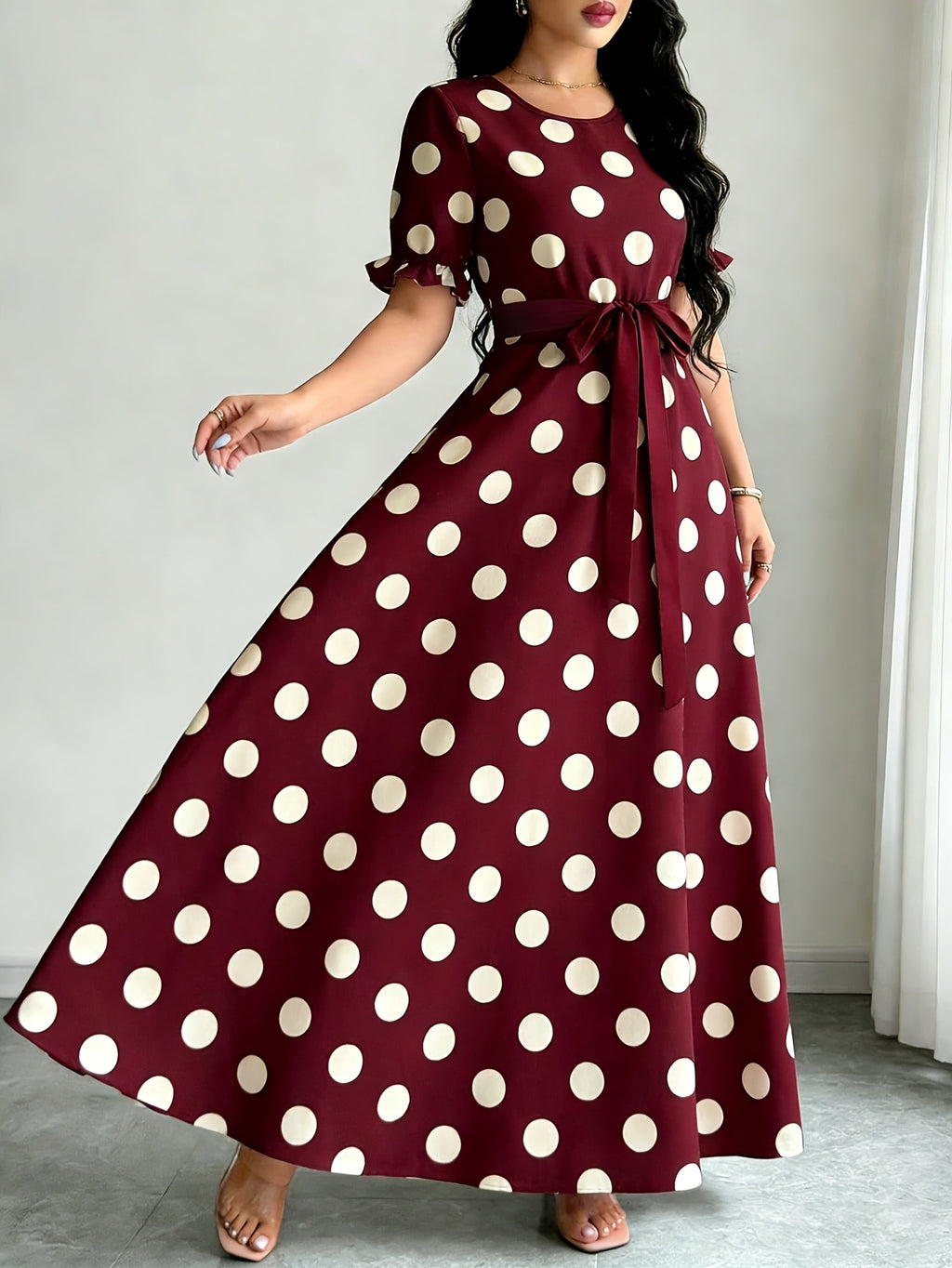 Women'S Printed Round Neck Casual Waist Dress - Burgundy
