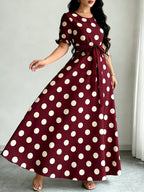 Women'S Printed Round Neck Casual Waist Dress - Burgundy