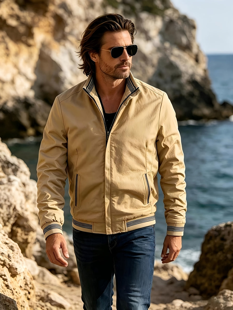 Men's Spring/Autumn Stand Collar Jacket, Casual Zipper Windproof Versatile Outerwear with Classic Cuff and Hem Striped Rib Design, Suitable for Daily Work Scenes - Yellowish-brown