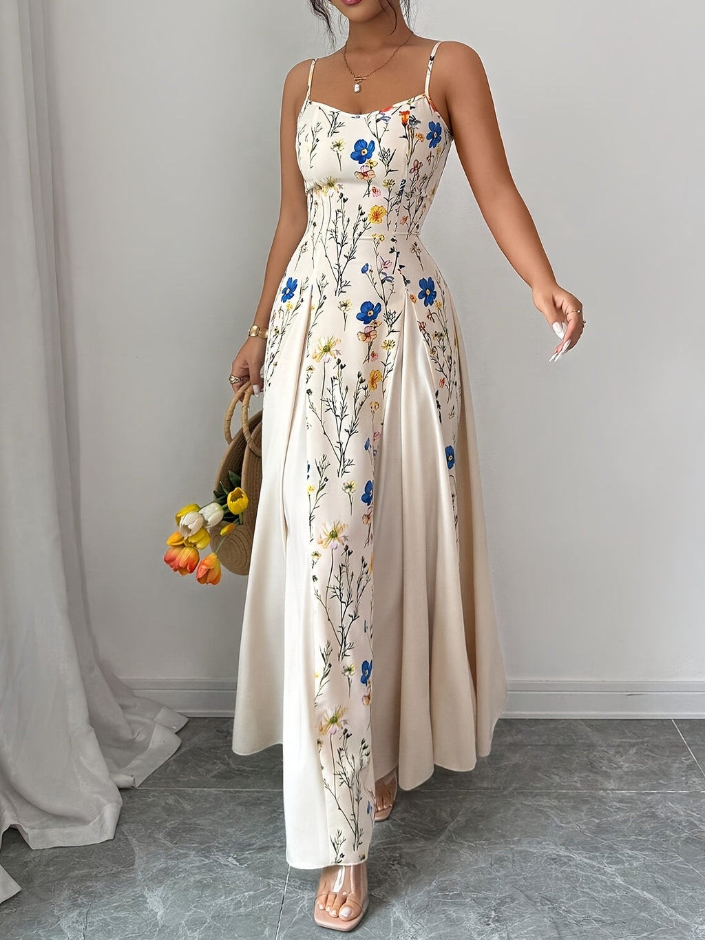 Spring And Summer New Elegant Resort European And American Fashion Trend Casual Women'S Clothing Floral Print Sleeveless Square Neck Suspender Dress - Apricot