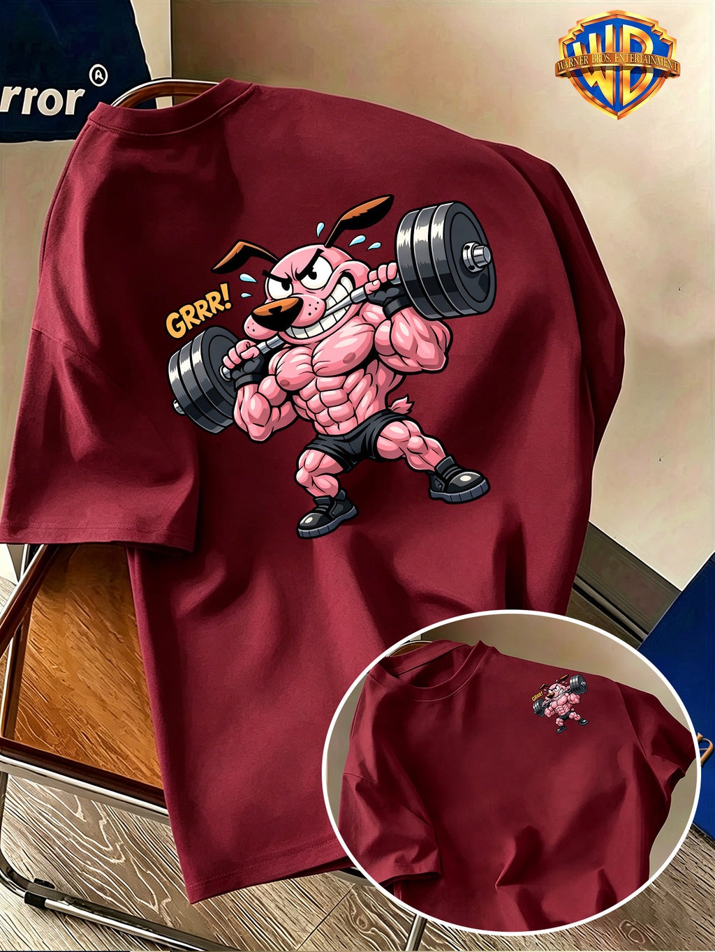 Warner Bros. Official Licensed Cool Cartoon Cowardly Dog Print Short-Sleeve T-Shirt, Men's Pure Breathable Spring/Summer Top, Versatile Casual Style, Soft and Skin-Friendly, Breathable and Comfortable, Suitable for Outdoor Wear, Fitness, and Other - Burgundy
