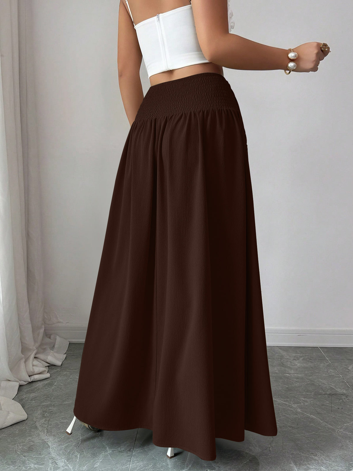Women'S Casual Pleated Solid Color Skirt, Romantic Holiday Style, Elegant Design, Versatile Fashion, Ideal Choice for Women in Back-To- Season, Spring And Summer - Coffee Brown