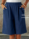 Women'S Casual 100% Shorts, Large Pocket Button-Up, Pure Mid-Length Pants, Capri Pants, Fashionable Casual Vacation Style, Solid Color Work Trousers, Beach Shorts - Navy Color