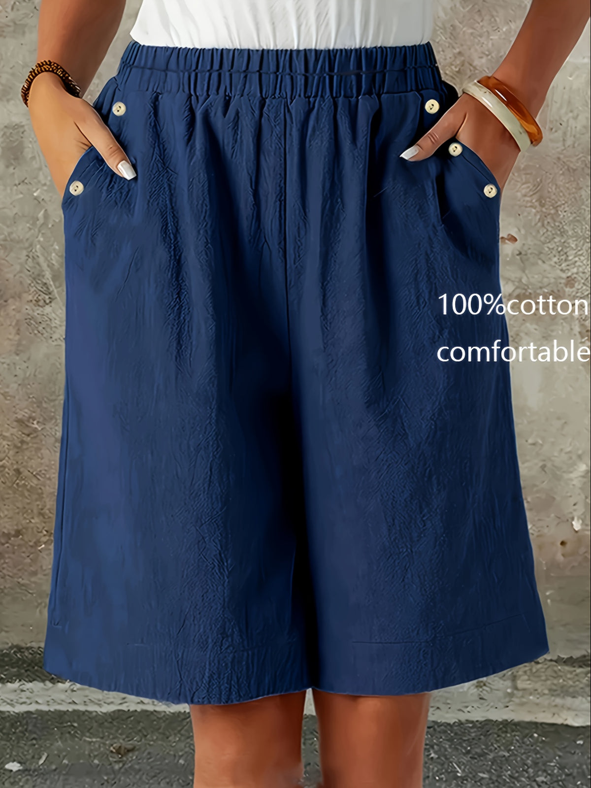 Women'S Casual 100% Shorts, Large Pocket Button-Up, Pure Mid-Length Pants, Capri Pants, Fashionable Casual Vacation Style, Solid Color Work Trousers, Beach Shorts - Navy Color