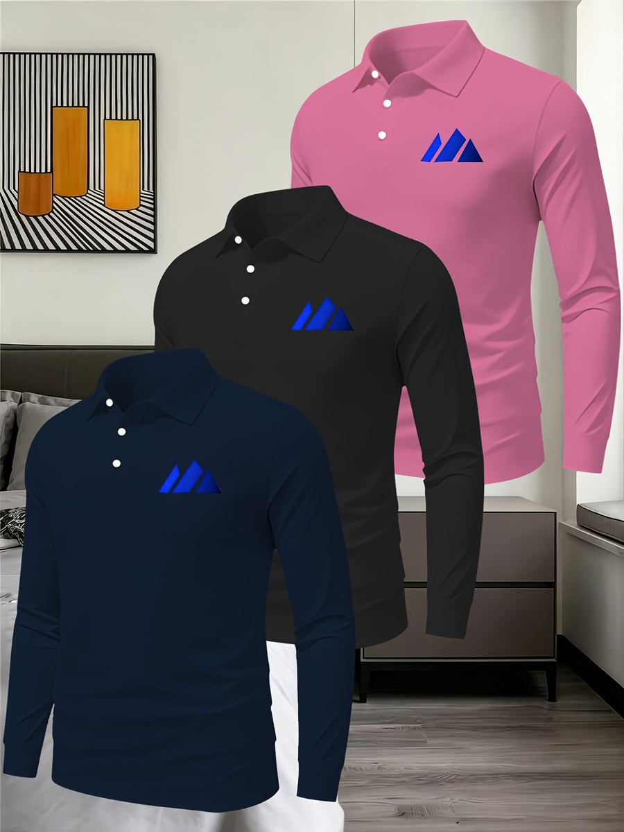 3pcs Solid Color Long Sleeve Lapel Polo Shirts for Young and Middle-Aged Men, Eyelet Lightweight Breathable Commuting Workwear Loose Fit Long Sleeve Base Layers - Navy Black with Pink