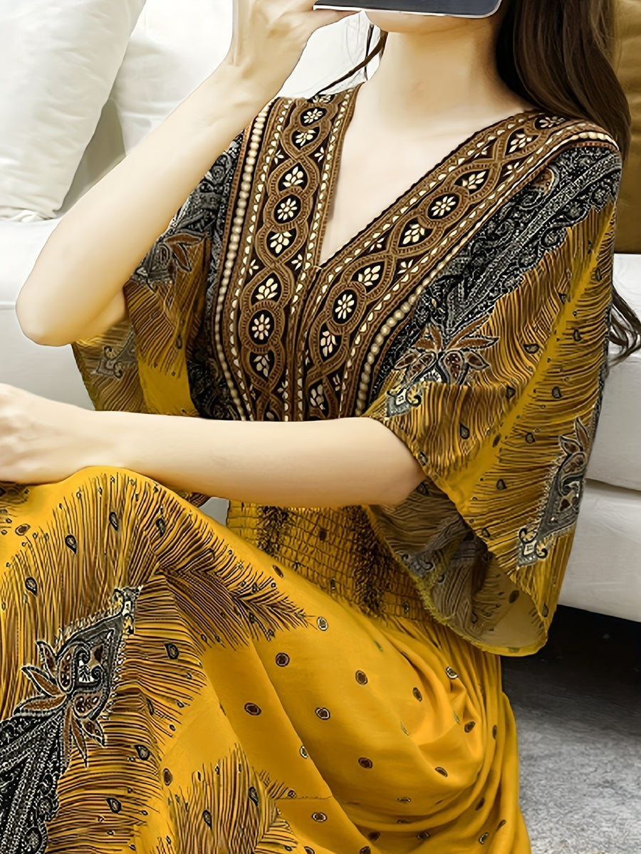 Summer Bohemian Women's Dress, Thin Beach Vacation Dress, 4 Colors Available, High Waist V-Neck Maxi Dress with Batwing Sleeves - Loose, Comfortable, and Breathable - Yellow
