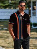 Men'S Asymmetrical Vertical Stripe Half-Zip Polo Shirt, Summer Waffle Breathable Light Mature Style Short Sleeve T-Shirt, Men'S Business Casual Asymmetrical Striped Polo Shirt, Commute Half-Zip Collar Breathable Short Sleeve Top - Mixed colors