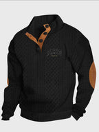 Men's New Jacquard Top with Textured Classic Stand Collar to Enhance Neckline, Half-Button Placket Continuing Vintage Henley Style, Patchwork Design Fashion Knit Shirt - Black