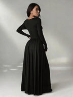 Women'S Solid Color Slim Long Sleeve Dress, Solid Color Dress, Elegant Women'S Thanksgiving Outfit, Graceful Party Gown, Wedding Party Dress, Fashion Evening Dress, Korean Style, Autumn Winter, Women'S Elegant Dress - Black