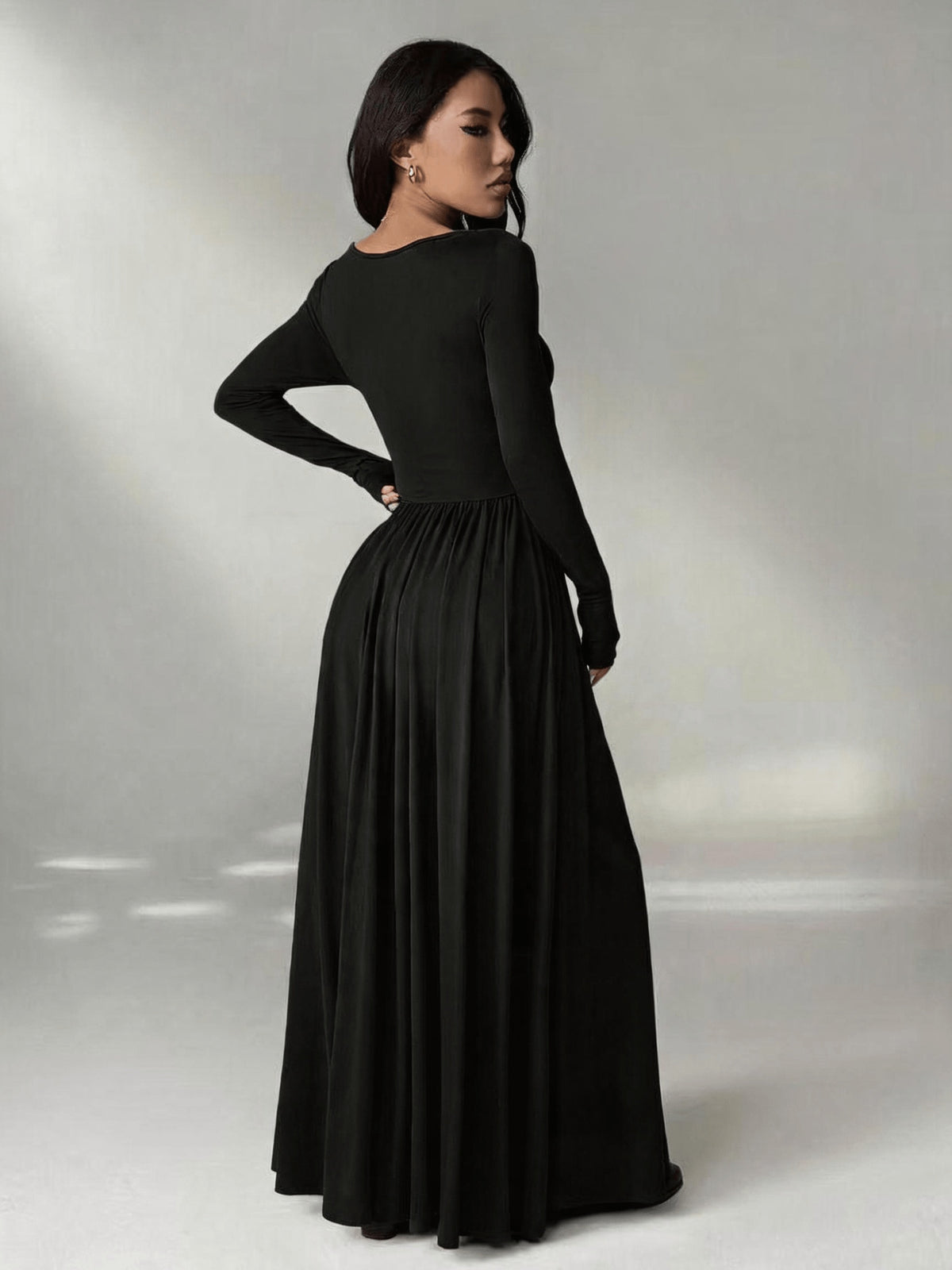 Women'S Solid Color Slim Long Sleeve Dress, Solid Color Dress, Elegant Women'S Thanksgiving Outfit, Graceful Party Gown, Wedding Party Dress, Fashion Evening Dress, Korean Style, Autumn Winter, Women'S Elegant Dress - Black