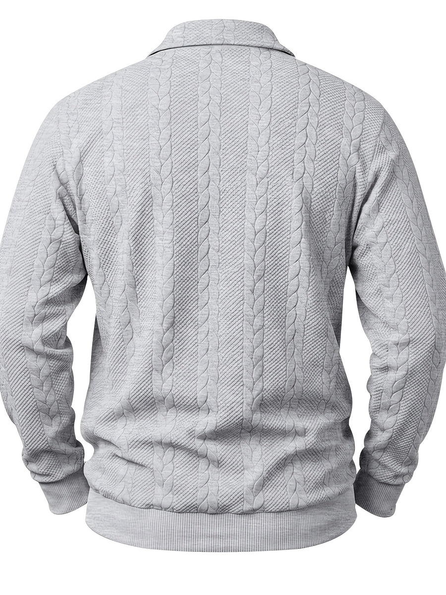 1pc Autumn Men'S Long Sleeve Plaid POLO Shirt Solid Stripe Retro Style Outdoor Sports Casual Pullover Top - Grey