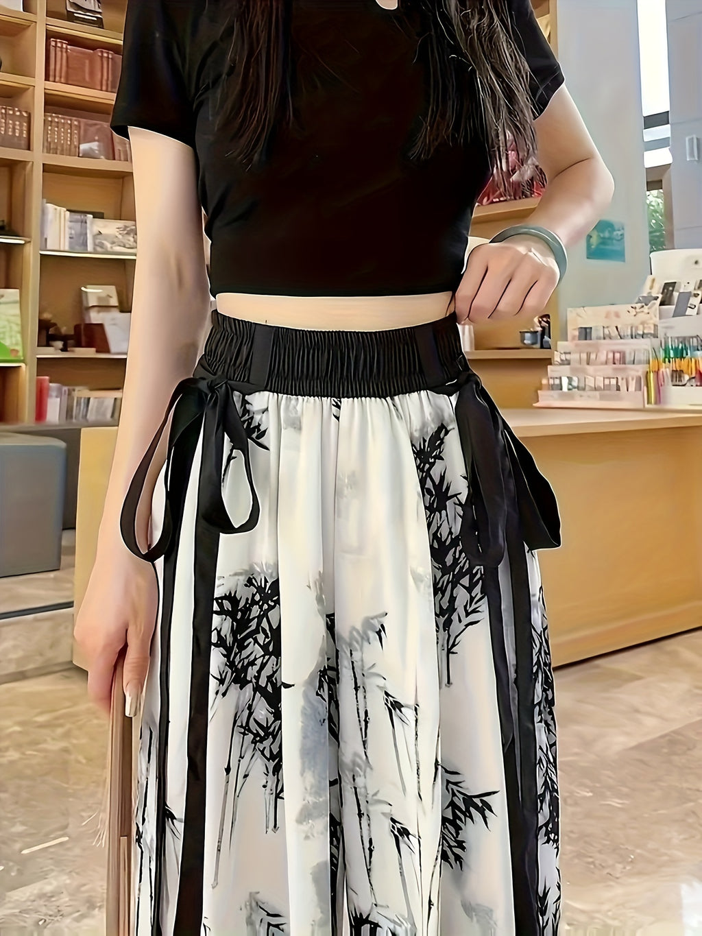 Elegant Bamboo Print Wide-Leg Pants, Casual Spring/Autumn Long Pants, Women's Clothing - White