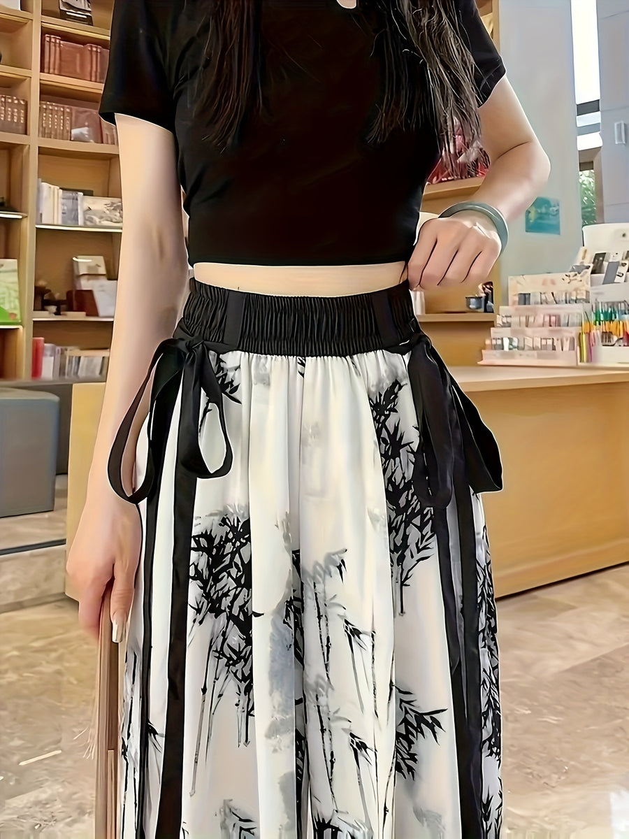 Elegant Bamboo Print Wide-Leg Pants, Casual Spring/Autumn Long Pants, Women's Clothing - White