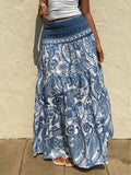 New Spring/Summer Bohemian Paisley Print High-Waist Skirt, Floor-Length Maxi Dress with a Loose Fit, Flattering Drop Waist, Elastic Waistband, Women's Casual Skirt - Blue