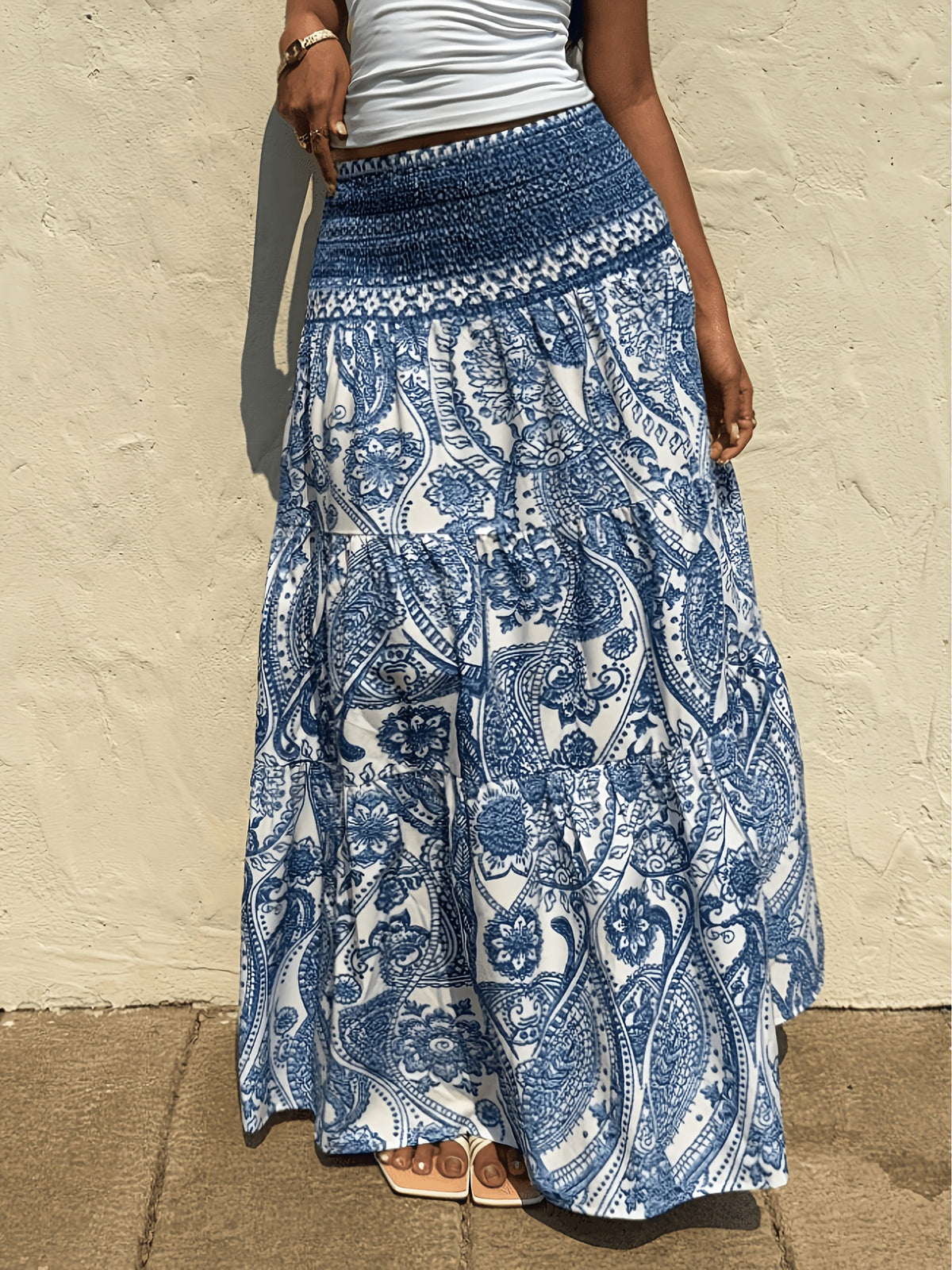 New Spring/Summer Bohemian Paisley Print High-Waist Skirt, Floor-Length Maxi Dress with a Loose Fit, Flattering Drop Waist, Elastic Waistband, Women's Casual Skirt - Blue