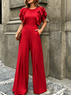 Solid Color Round Neck Short Sleeve Wide-Leg Jumpsuit for Women - Ruffled Petal Design, Elegant Socialite Style for Festive Outings, Dates, And Parties - Red