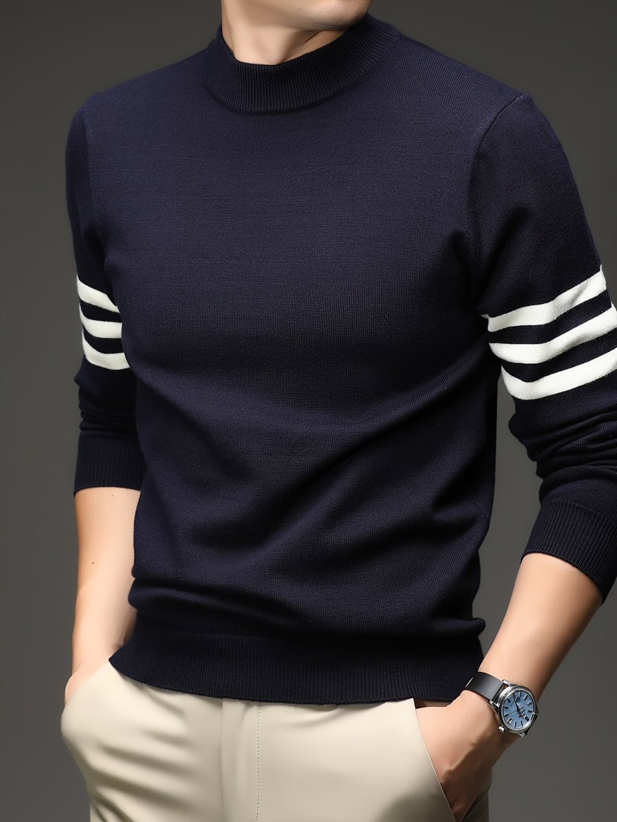 [Wading Whale OBM] 1pc Autumn Winter New Men'S Knit Pullover Sweater, Old Money Style Contrast Striped Round Neck Long Sleeve Knit Sweater for Men, Business Casual Fashion Striped Sweater, Suitable for Spring, Autumn, Winter Layering Or Inner Wear - Shangqing