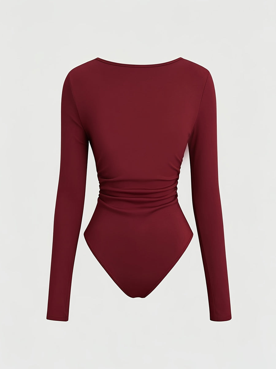 Women's Retro American Style Neck Bodysuit - Long Sleeve Fitted Suitable for Autumn/Winter -Style for -body Types | Machine Washable Medium Stretch Bodysuit with Asymmetric Design & Solid Color (No Transparency) - Burgundy