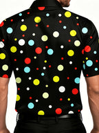 Fashion Retro Color-Block Black Background Colorful Polka Dot Men'S Short Sleeve Shirt, Summer Outing, Light Mature Style, Suitable for Daily Wear And Various Occasions - Red