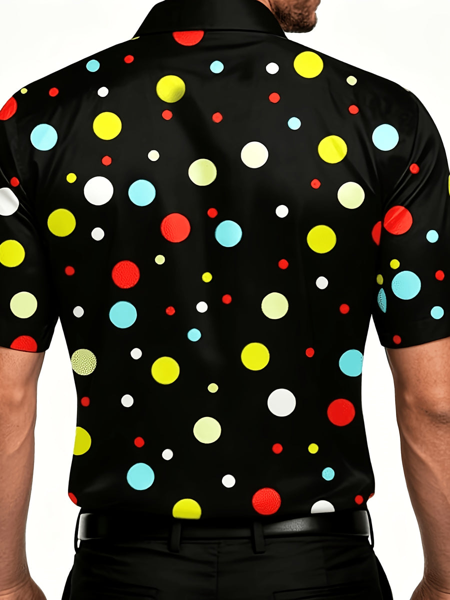 Fashion Retro Color-Block Black Background Colorful Polka Dot Men'S Short Sleeve Shirt, Summer Outing, Light Mature Style, Suitable for Daily Wear And Various Occasions - Red