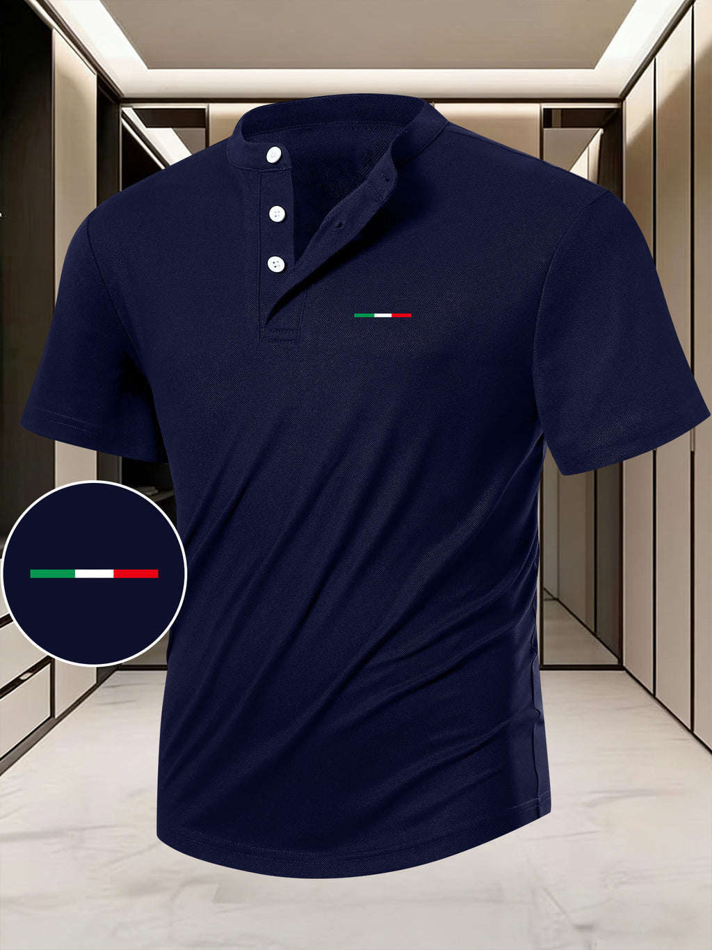 Men's Summer Short-Sleeve Henry Button-Front Shirt - Breathable Round Neck T-Shirt Suitable for Outdoor & Daily Wear, Casual Button Collar Blouse Style Top, Machine Washable Regular Fit for Warm Weather Wardrobe - Navy Color