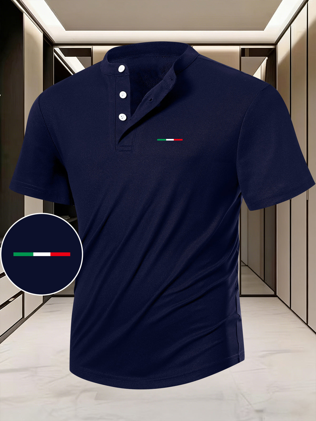 Men's Summer Short-Sleeve Henry Button-Front Shirt - Breathable Round Neck T-Shirt Suitable for Outdoor & Daily Wear, Casual Button Collar Blouse Style Top, Machine Washable Regular Fit for Warm Weather Wardrobe - Navy Color