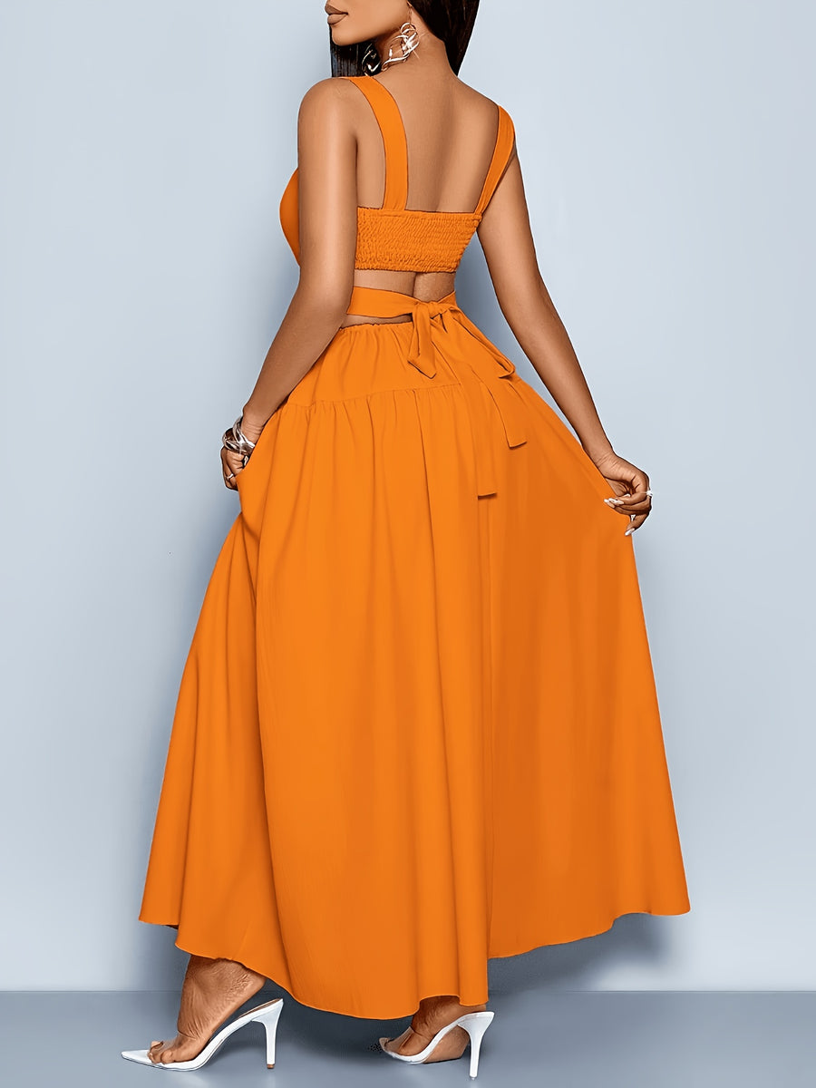 Women'S Elegant Square Neckline, Openwork Waist, Tie And Suspender Dress; Hawaiian Pleated Backless A-Line Skirt; Women'S Spring/Summer Dress; Elegant for Commuting, Casual Wear, Romantic Dates, Bridesmaid Dress - Coral