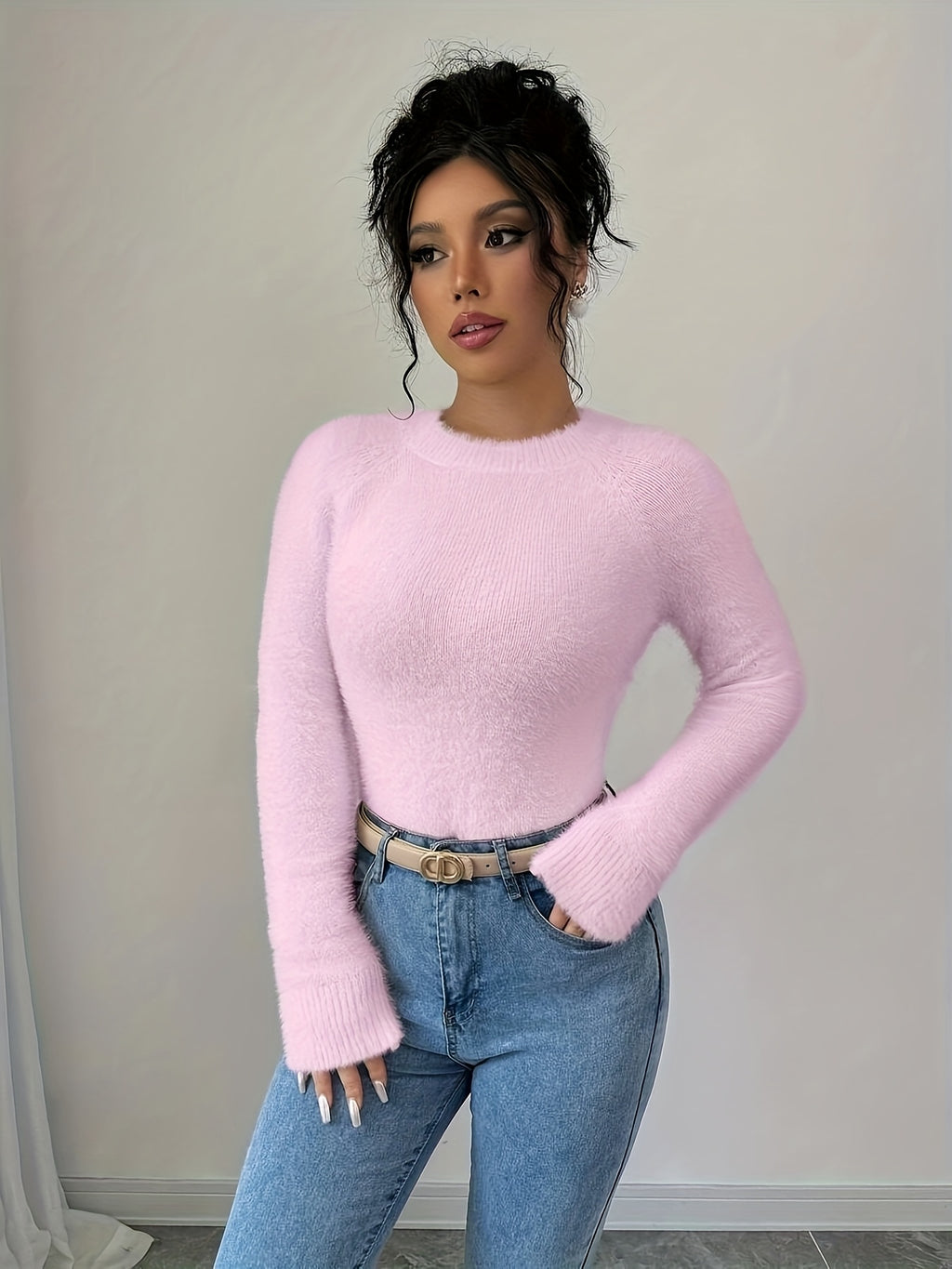 Women'S Soft Mint Green Sweater - Cozy Long Sleeve Round Neck Pullover for Fall/Winter, Casual & Office Wear, Elegant Everyday Chic Style, Comfortable Fit - Pink Color