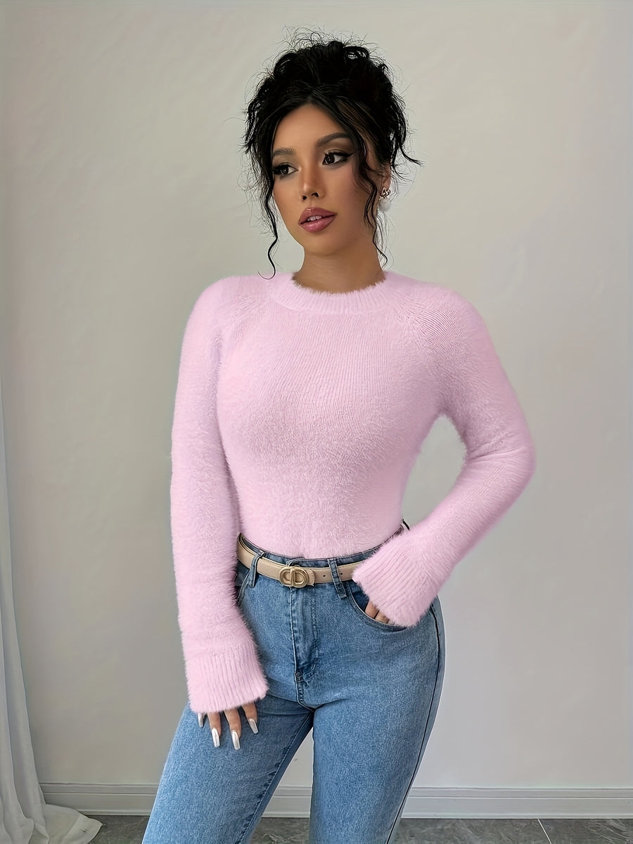Women'S Soft Mint Green Sweater - Cozy Long Sleeve Round Neck Pullover for Fall/Winter, Casual & Office Wear, Elegant Everyday Chic Style, Comfortable Fit - Pink Color