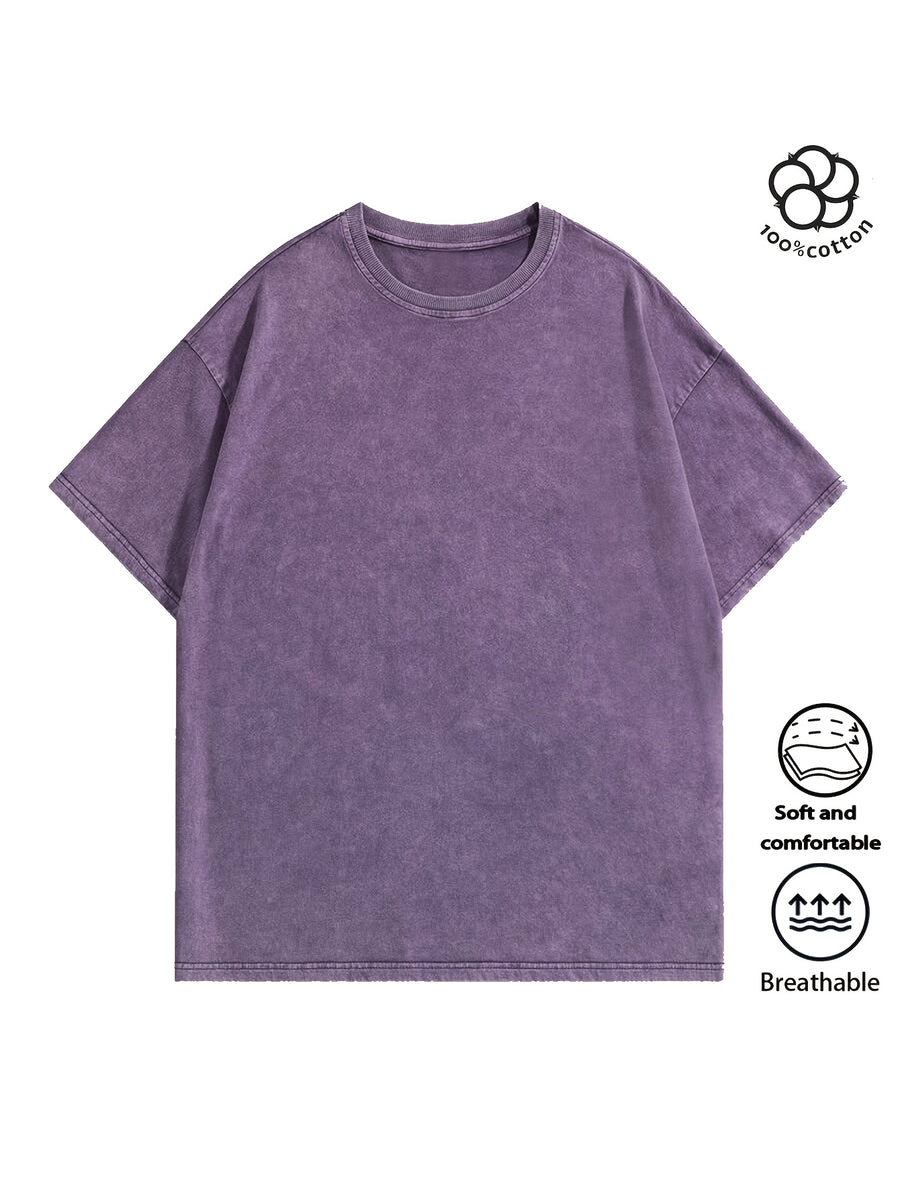 Men Heavyweight Short Sleeve T Shirt Washed Vintage Fashion Print Acid Wash Distressed Grunge Style Pure Breathable Fabric High Street Hip Hop Loose Fit Gym Fitness Workout Tops Casual Clothing 2026 - Purple