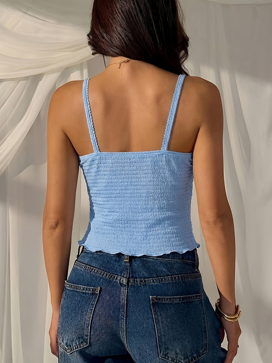 Women's Solid Color Pleated Casual Versatile Everyday Camisole, Summer Top, Women's Summer Outfit, Women's Vacation Top, Women's Summer Beach Top, Women's Cute Sleeveless Summer Top, Women's Blouse Top, Women's Latest Beach Top, Women's New - Sky Blue