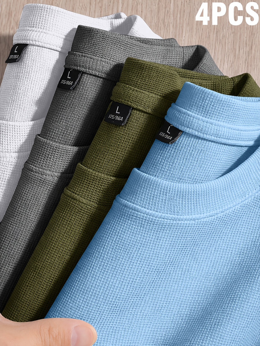 Versatile Summer Casual Small Waffle Grid Cool Short-Sleeved T-Shirt 4pcs Set - Light Blue+Army Green+Medium Gray+White