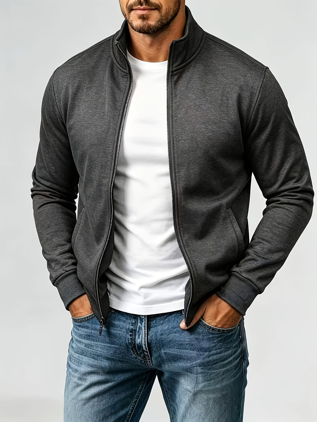 Men's Fashion Full-Zip Sweatshirt, Casual Zip-Up Stand Collar Sweatshirt, Autumn Essentials - Dark Gray