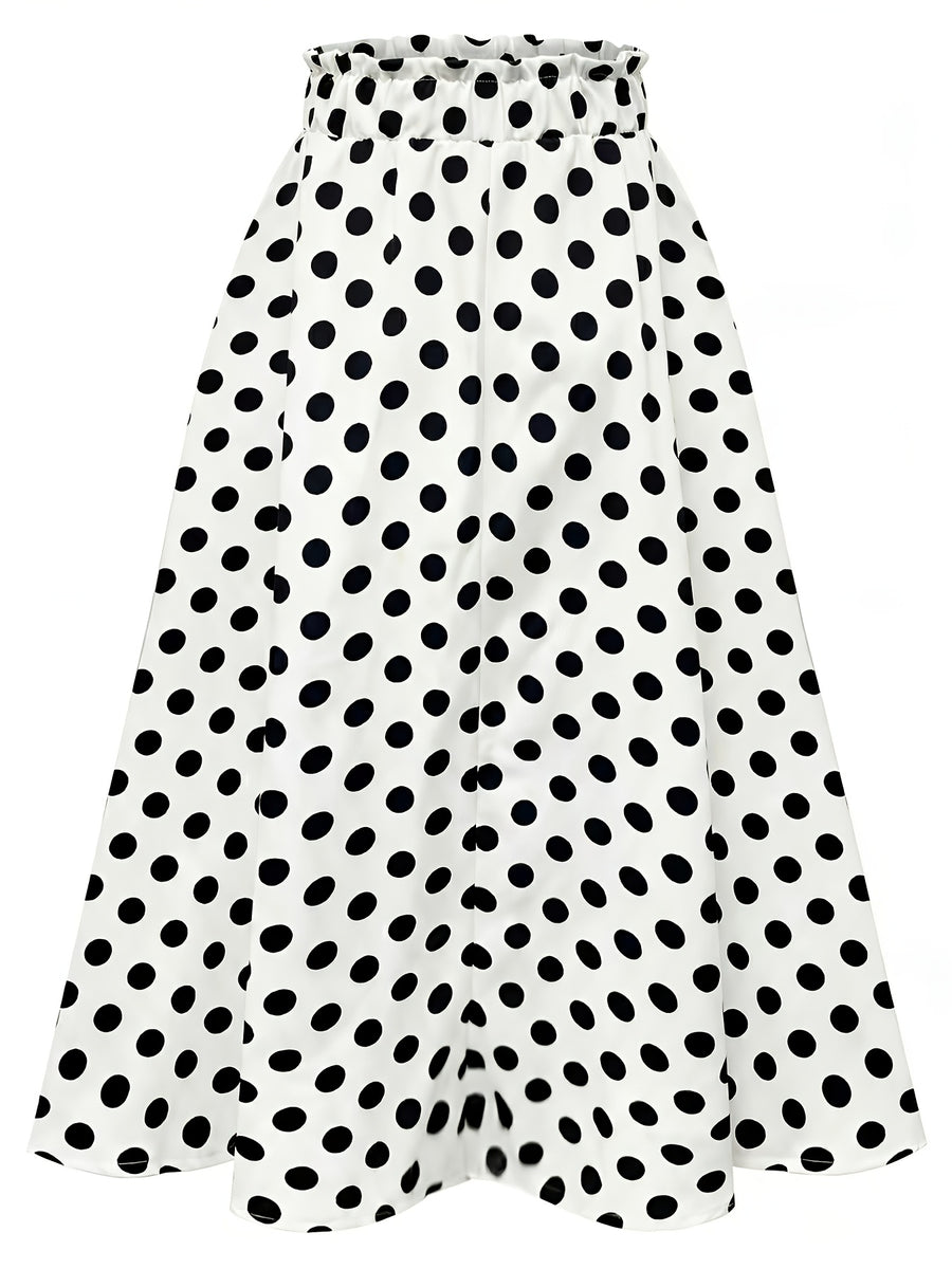 Hot Women's Trendy Fashion Color Block Casual Printed Waist-Tie Bow Elegant Versatile Commuter Style A-Line Skirt - White