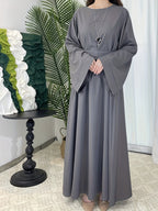 Women's Elegant Green Flared Sleeve Long Dress, Loose Fit, Versatile for All Seasons, Suitable for Home, Festive, and Traditional Attire - Grey