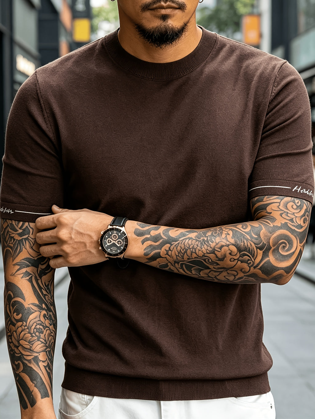 Men' Summer Short-Sleeve Knit Shirt with White-Trimmed Cuff - Stretchable Round Neck -Compatible Suitable for Urban Streetwear & Business Casual, Solid Color Multi-Color Tunic Top for Commuting and Office Wear - Laoqianka