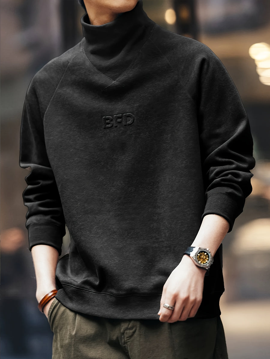 Men'S Hoodie Premium American Retro Half-High Neck Autumn Winter Trendy Brand Letter Embroidery Cool Long Sleeve Top Sleeveless - Black