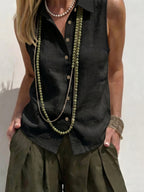 Casual Linen Sleeveless Shirt for Women, Commuting Beach and Holiday Style Blouse - Black