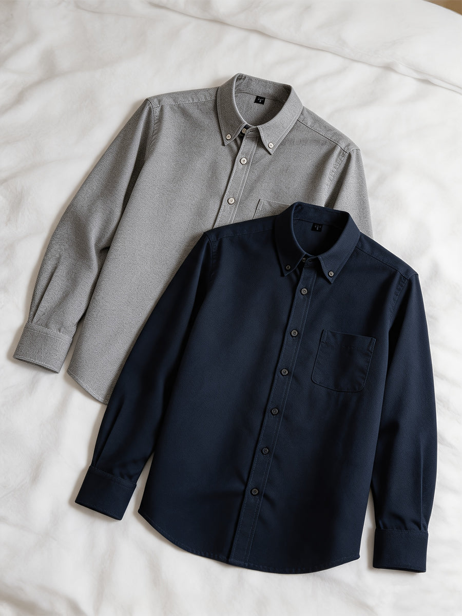 1+1 2pcs Classic Men's Oxford Plain Color Shirt, Long Sleeve Spring/Autumn Pocket Lapel Shirt for Casual Daily Outings - Grey+Navy Blue