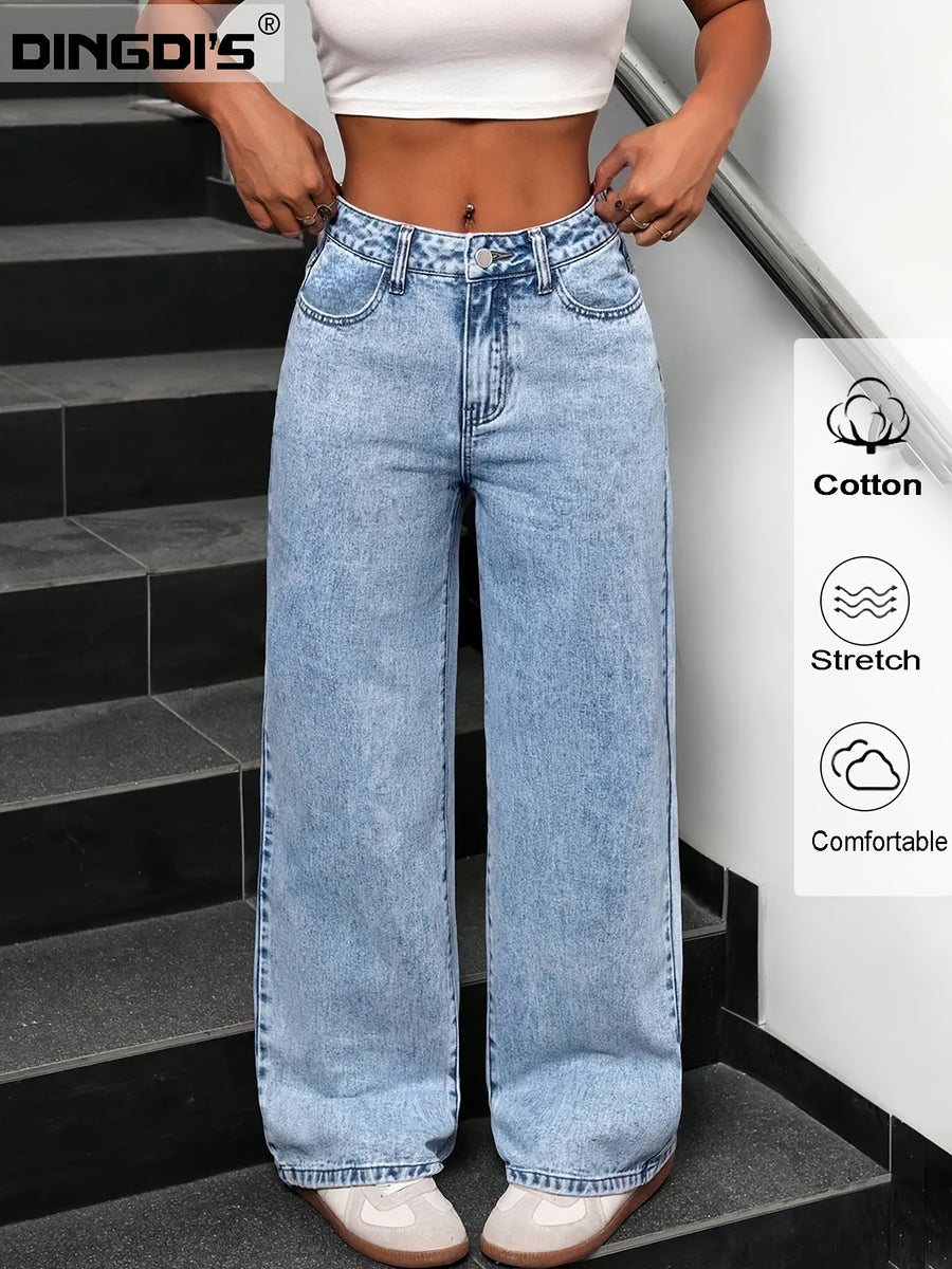 Women'S New Stretch Wide-Leg Jeans, Loose Straight-Leg Denim Pants, Acid Wash Blue Long Trousers with Pockets, High-Waist Tummy Control Comfortable Trousers, Elegant Women'S Clothing, Suitable for Work, Travel, Office Wear, Women'S Casual Pants - Light Blue