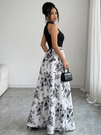 Neck-tie Sleeveless Top + Ink-wash Print Mid-length Skirt, Elegant and Graceful Waist-cinching Dress - Mixed colors