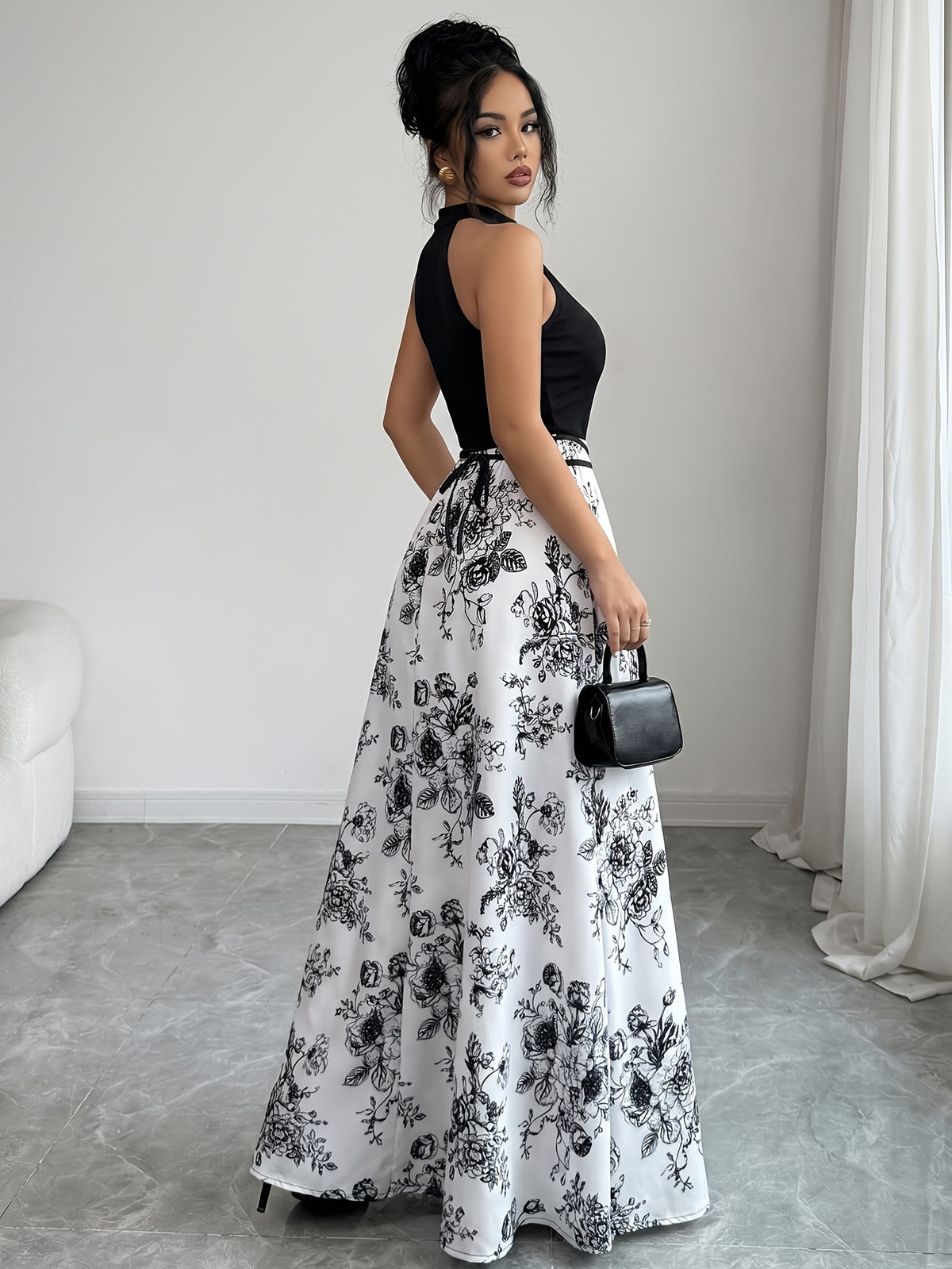 Neck-tie Sleeveless Top + Ink-wash Print Mid-length Skirt, Elegant and Graceful Waist-cinching Dress - Mixed colors
