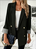 Fashionable Women's Elegant Blazer with Stylish Casual Cuff Splice Design and Notched Lapels - Black
