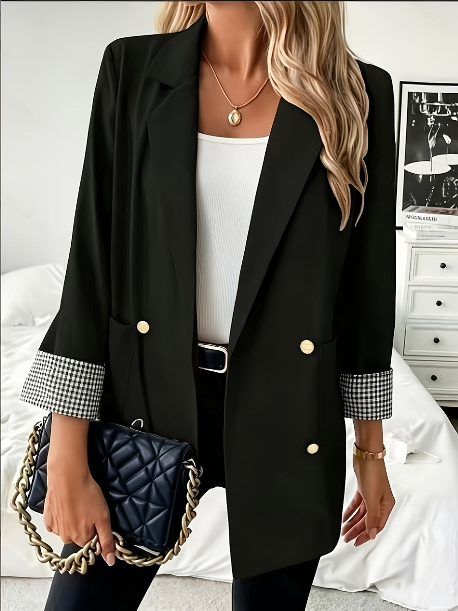 Fashionable Women's Elegant Blazer with Stylish Casual Cuff Splice Design and Notched Lapels - Black