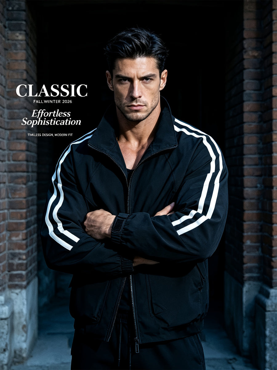 A Spring-Autumn Men'S Multi-Pocket Striped Sports Coat, a High-Quality School-Style Dress Shirt with a Campus Feel, a Comfortable Casual Windproof Jacket for Daily Use, a Stylish Bold Stripe Design for Street Fashion, And an Affordable Jacket - Black