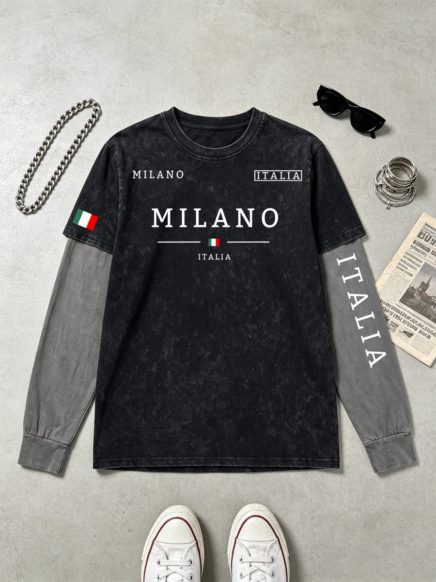 Men'S Faux Two-Piece Long Sleeve T-Shirt, Vintage Washed Easy Design Statement Print Contrast Gray Sleeve Top, American Street Loose Casual Long Sleeve T-Shirt - Black