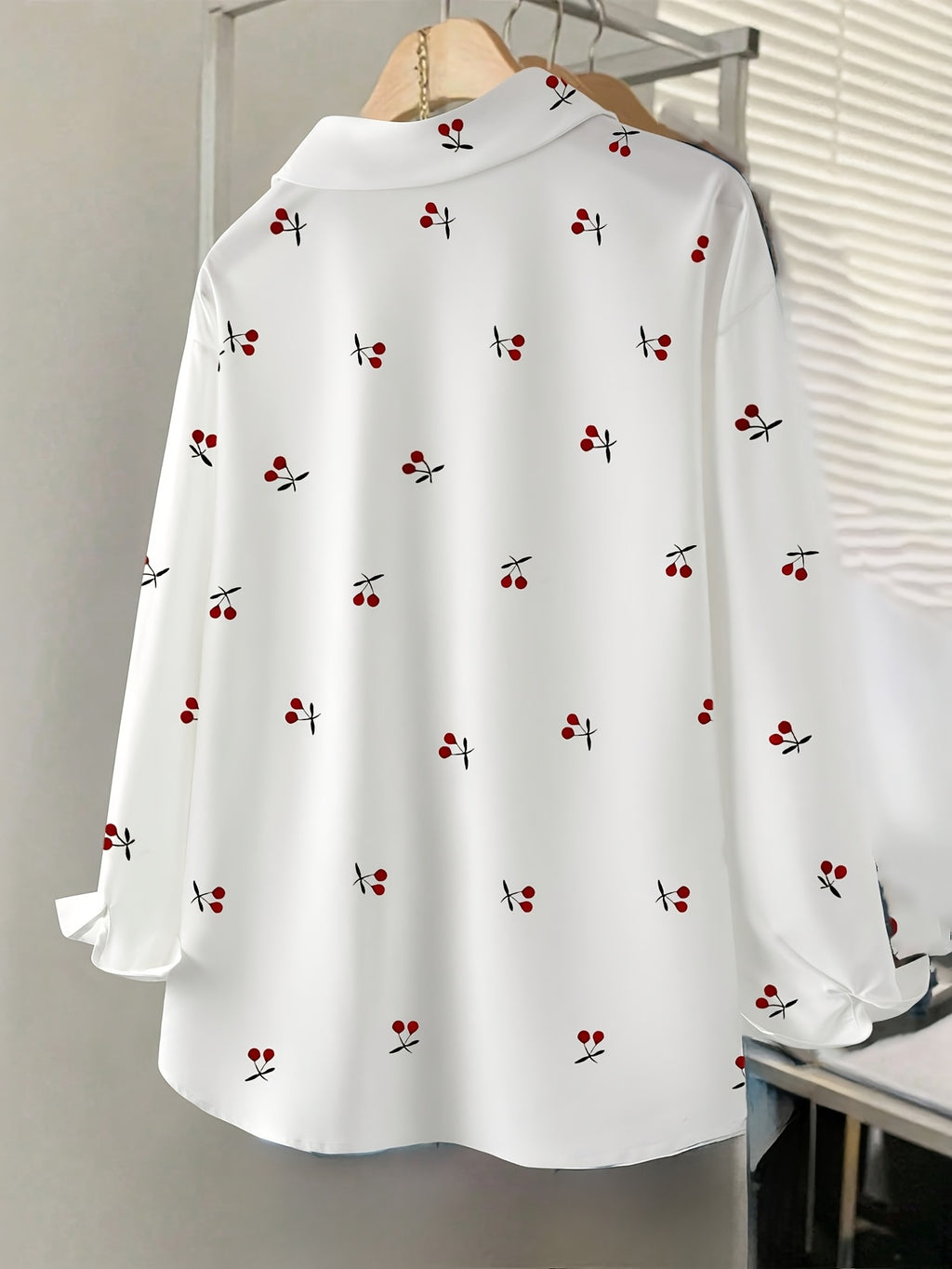 Women's Cherry Print Shirt, Long Sleeve, Simple Design, Drop Shoulder, Versatile Top for Spring, Summer, and Autumn - White