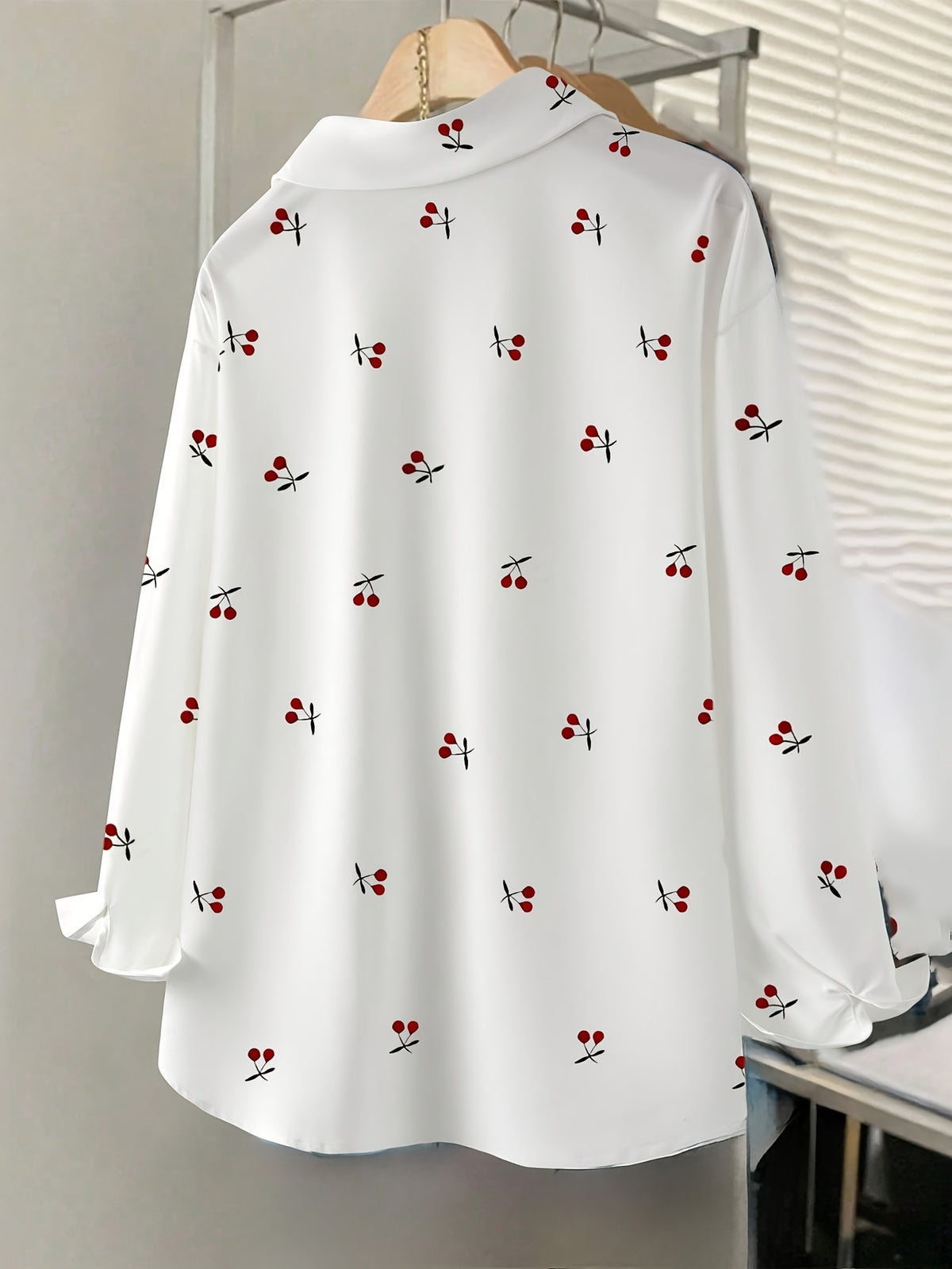 Women's Cherry Print Shirt, Long Sleeve, Simple Design, Drop Shoulder, Versatile Top for Spring, Summer, and Autumn - White