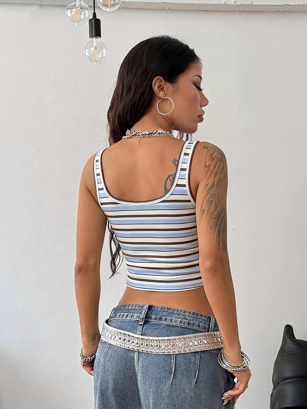 Women's Casual Simple Summer Cropped Vest, Brown-Blue-White Striped College Style Print - Multicolor