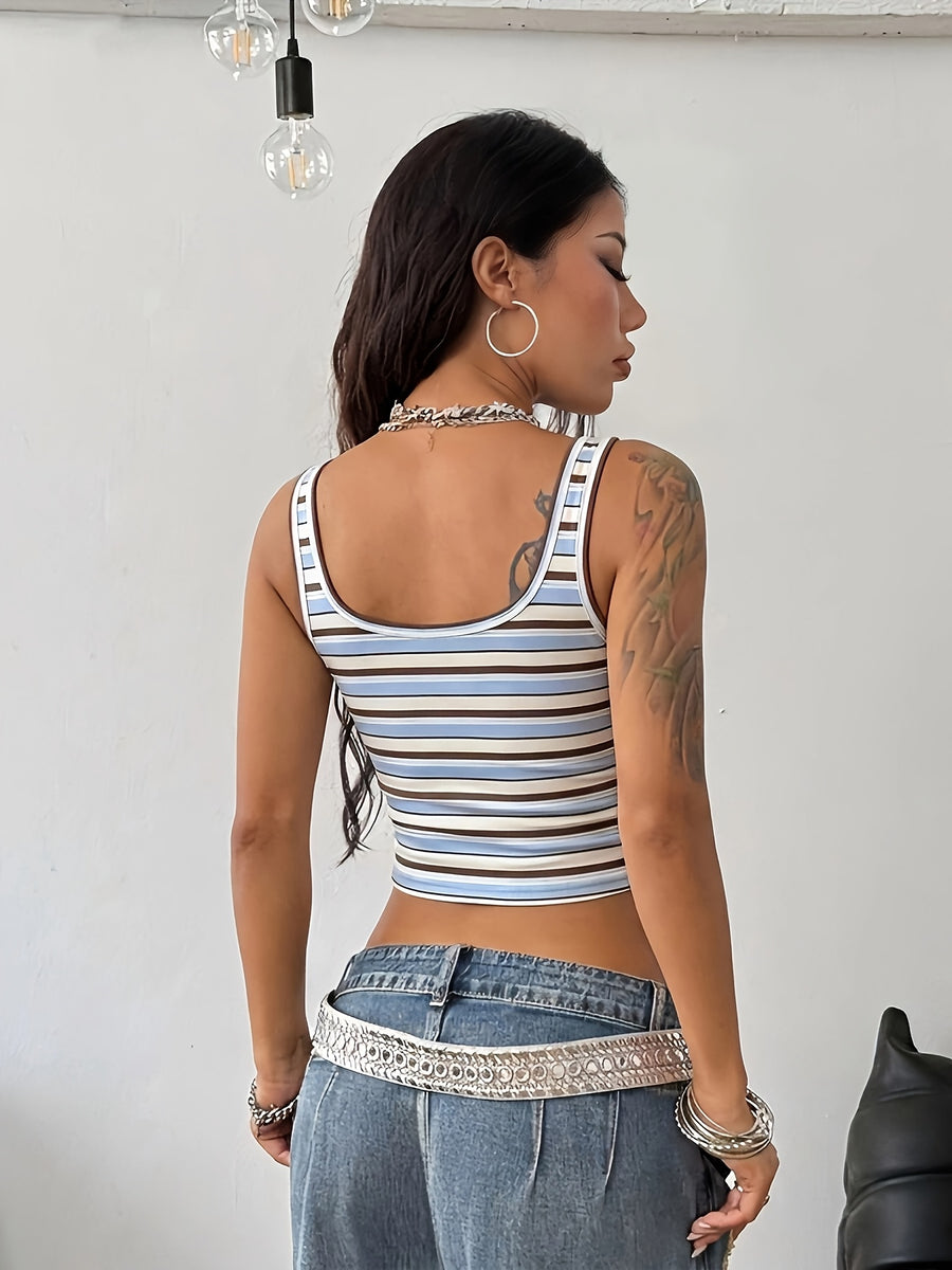 Women's Casual Simple Summer Cropped Vest, Brown-Blue-White Striped College Style Print - Multicolor